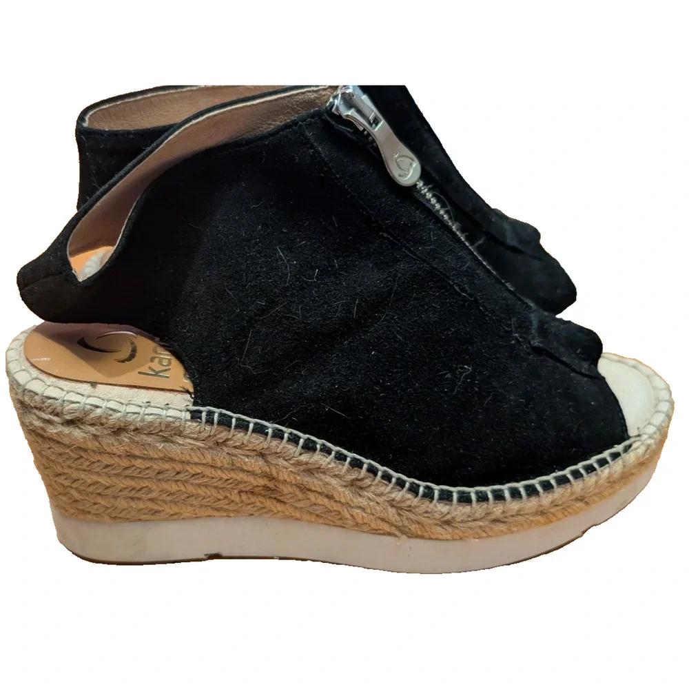 Kanna Womens Moira‎ Sandals Black Suede Wedge Espadrilles Sandals Size 37